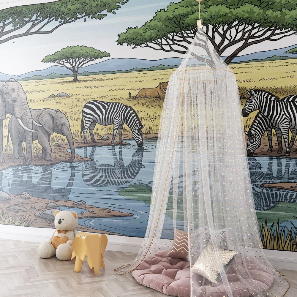 Tapeta dětského pokoje | Africká safari s slony, zebrami lvy