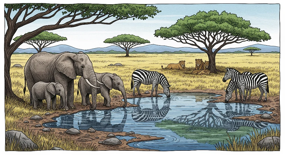 Tapeta dětského pokoje | Africká safari s slony, zebrami lvy