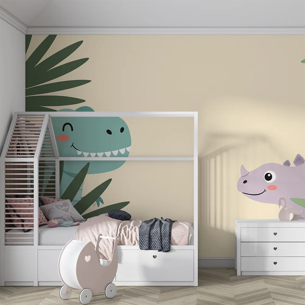 Tapeta dětského pokoje | Šťastní dinosauři skrytí za tropickými listy