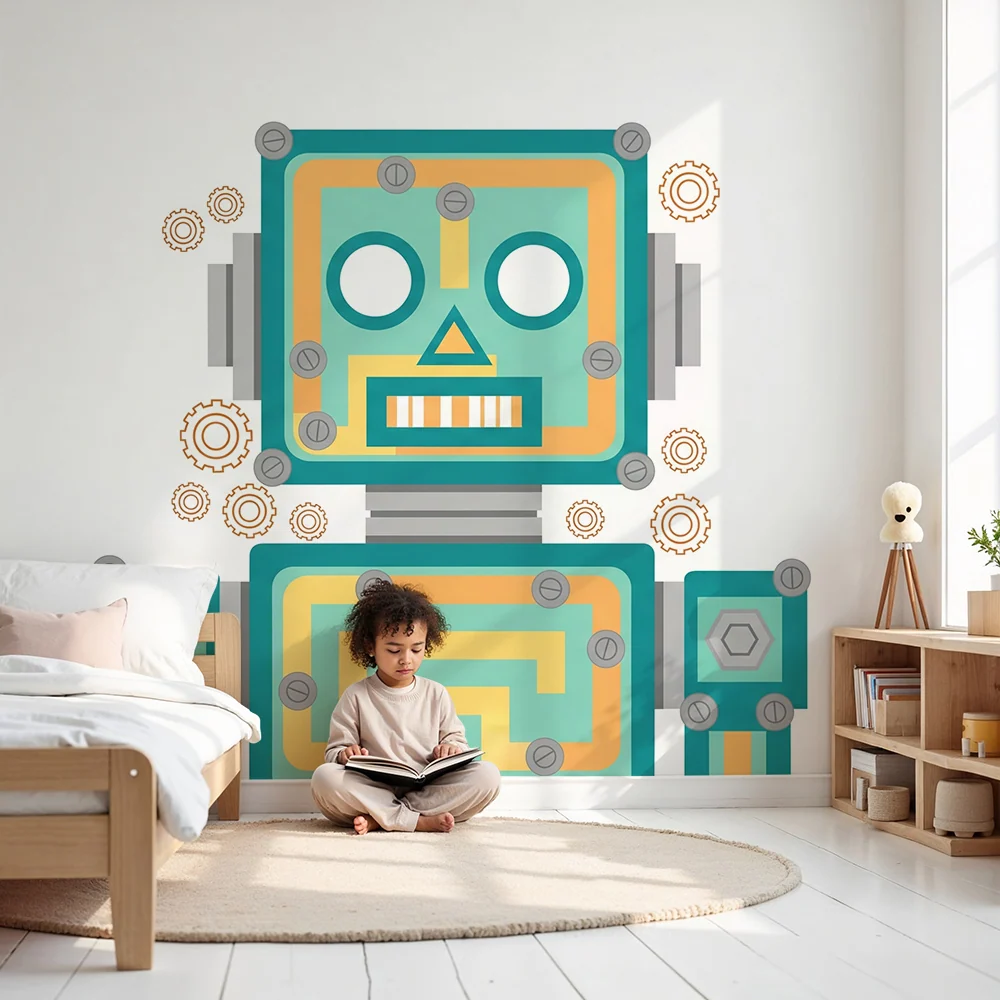 Tapeta dětského pokoje | Barevný robot s zábavnými ozubenými kolečky