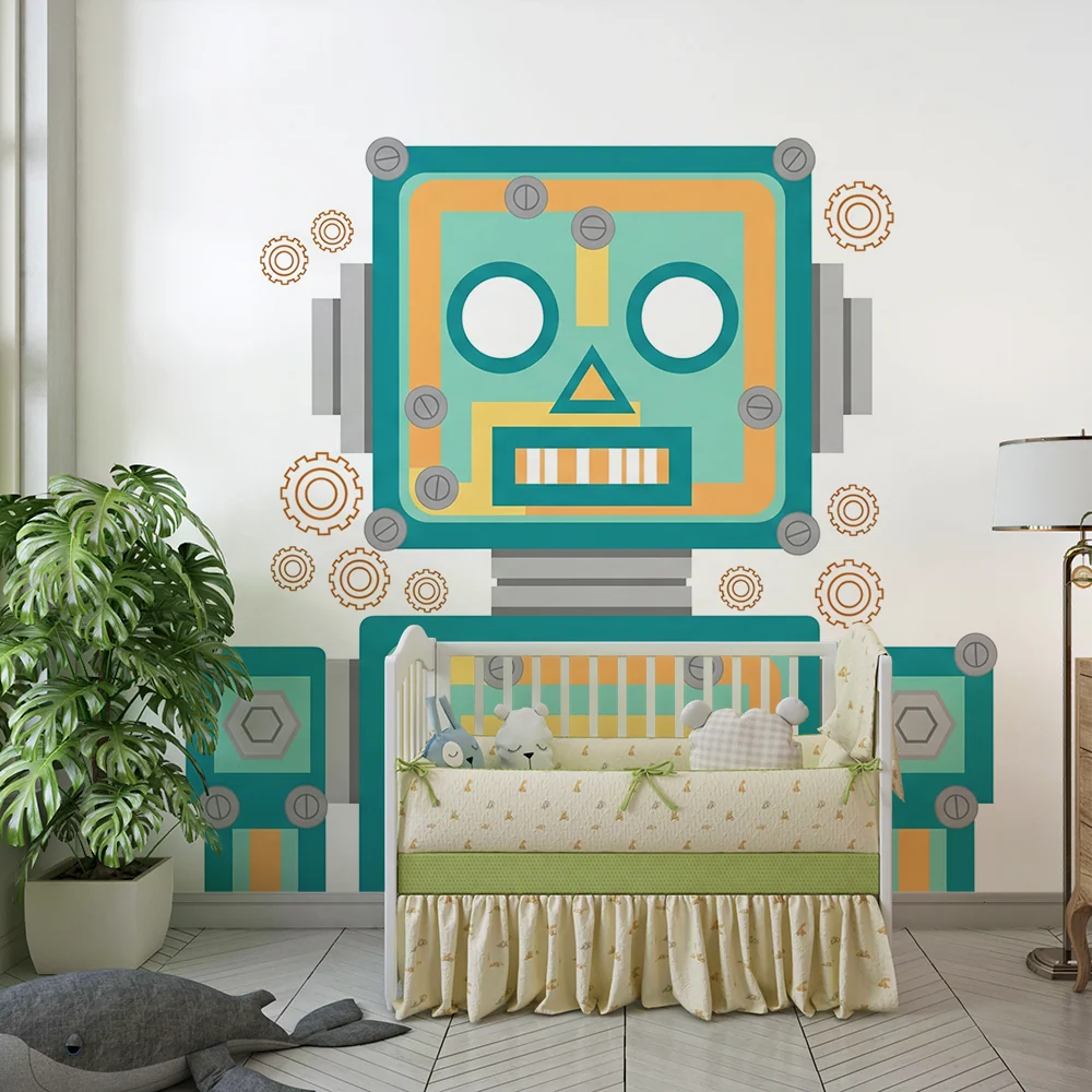 Tapeta dětského pokoje | Barevný robot s zábavnými ozubenými kolečky