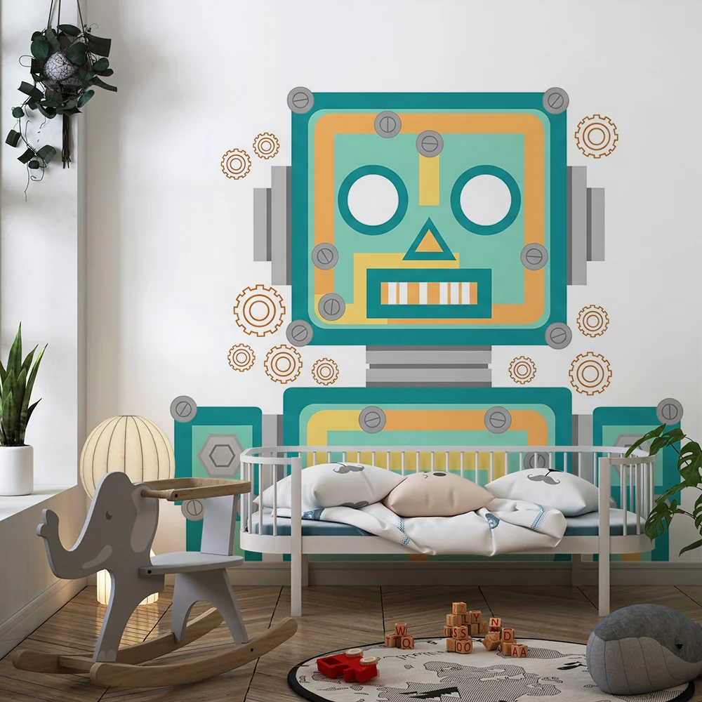 Tapeta dětského pokoje | Barevný robot s zábavnými ozubenými kolečky