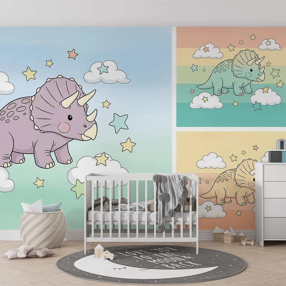 Tapeta dětského pokoje | Barevní triceratopsi na hvězdné obloze