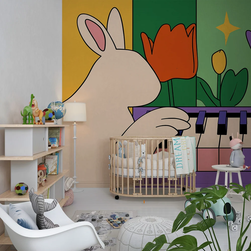 Tapeta dětského pokoje | Hudební zajíc obklopený barevnými květinami