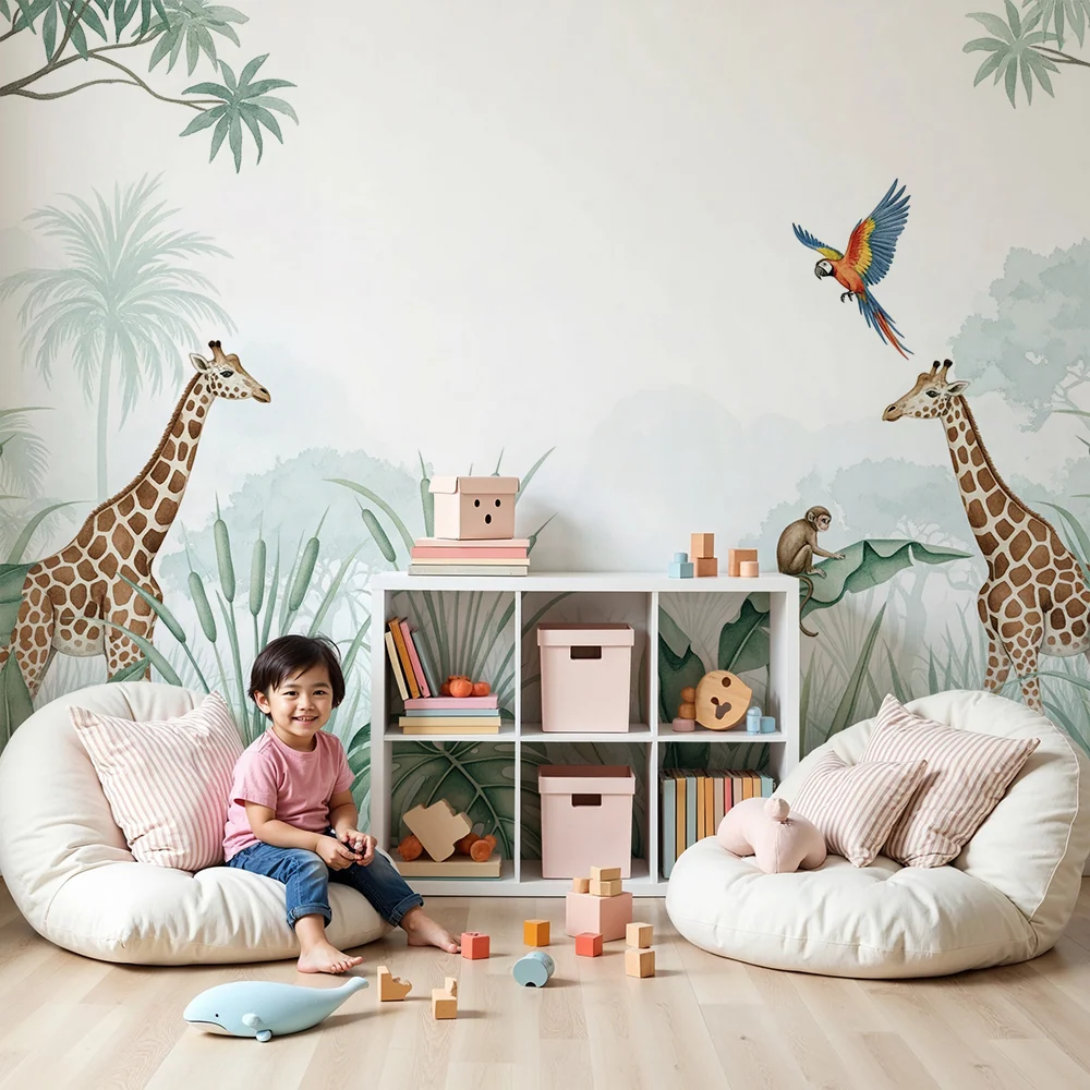 Tapeta dětského pokoje | Žirafy tropická džungle s opicí papouškem