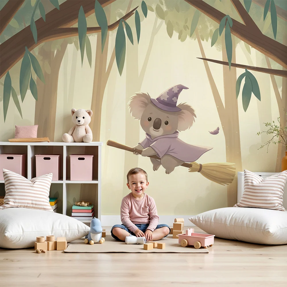 Tapeta dětského pokoje | Kouzelný koala na koštěti v kouzelném lese