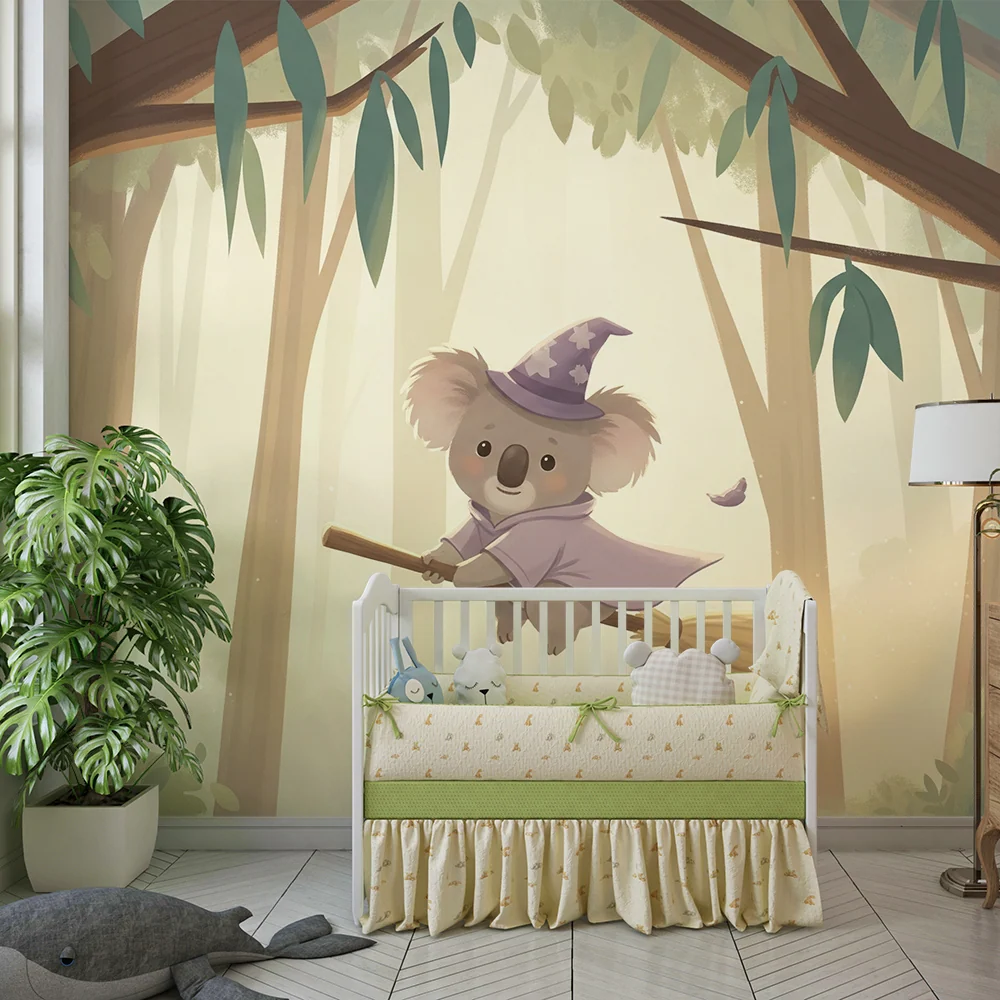 Tapeta dětského pokoje | Kouzelný koala na koštěti v kouzelném lese
