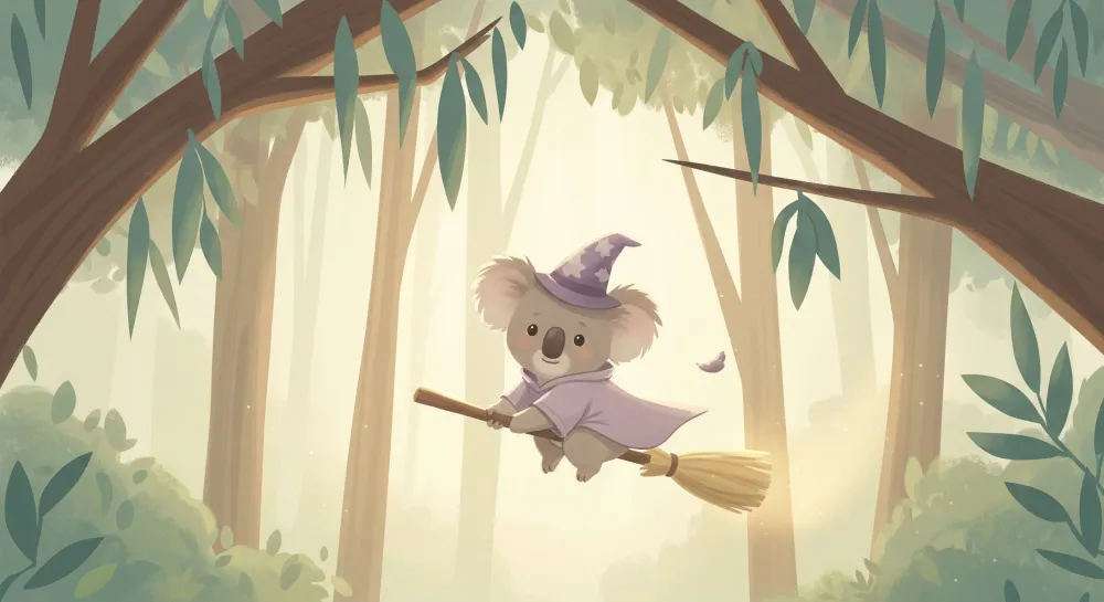 Tapeta dětského pokoje | Kouzelný koala na koštěti v kouzelném lese
