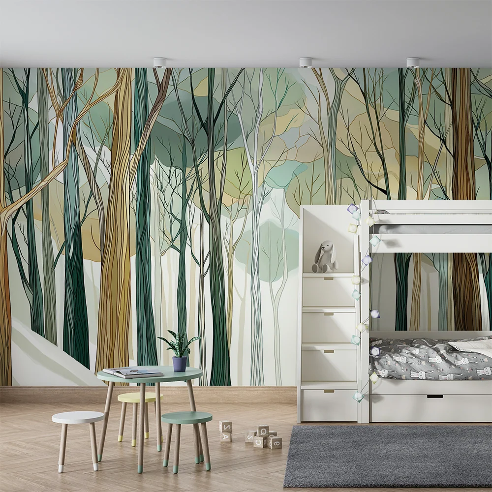 Tapeta dětského pokoje | Kouzelný les s moderně stylizovanými stromy jemnými barvami