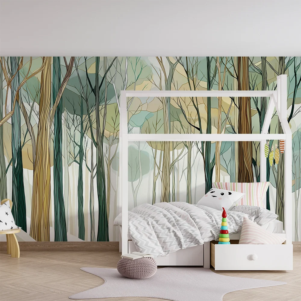 Tapeta dětského pokoje | Kouzelný les s moderně stylizovanými stromy jemnými barvami
