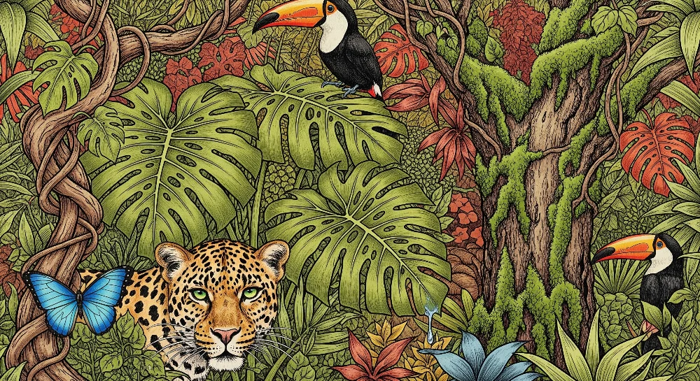 Tapeta dětského pokoje | Luxusní džungle s leopardem pestrobarevným tukanem