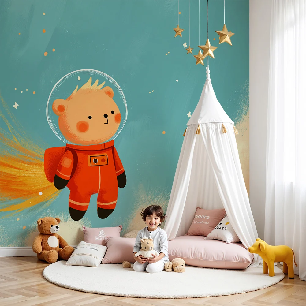 Tapeta dětského pokoje | Medvídek astronaut plující ve vesmíru