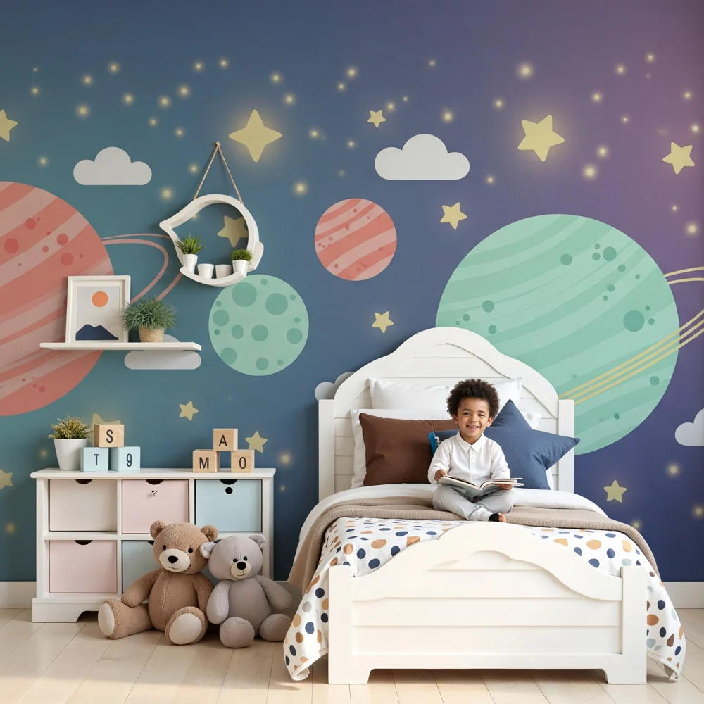 Tapeta dětského pokoje | Mezigalaktická cesta s barevnými planetami