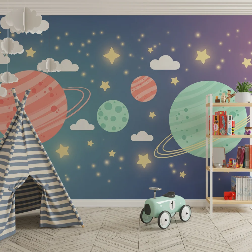 Tapeta dětského pokoje | Mezigalaktická cesta s barevnými planetami
