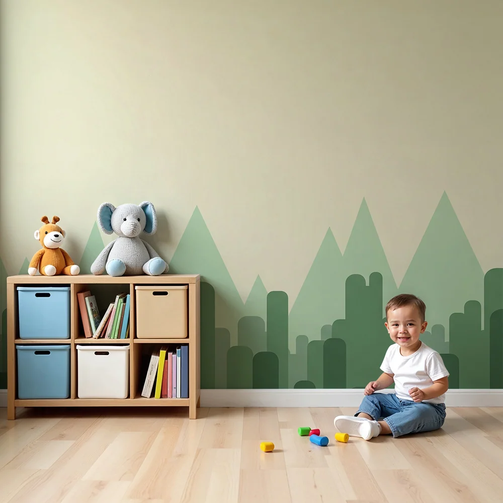 Tapeta dětského pokoje | Minimalistická horská krajina v odstínech zelené