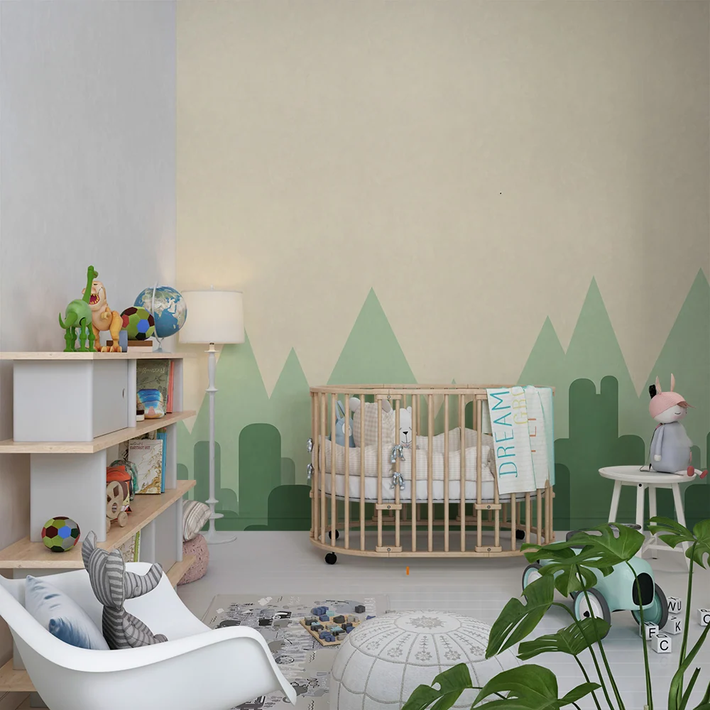 Tapeta dětského pokoje | Minimalistická horská krajina v odstínech zelené