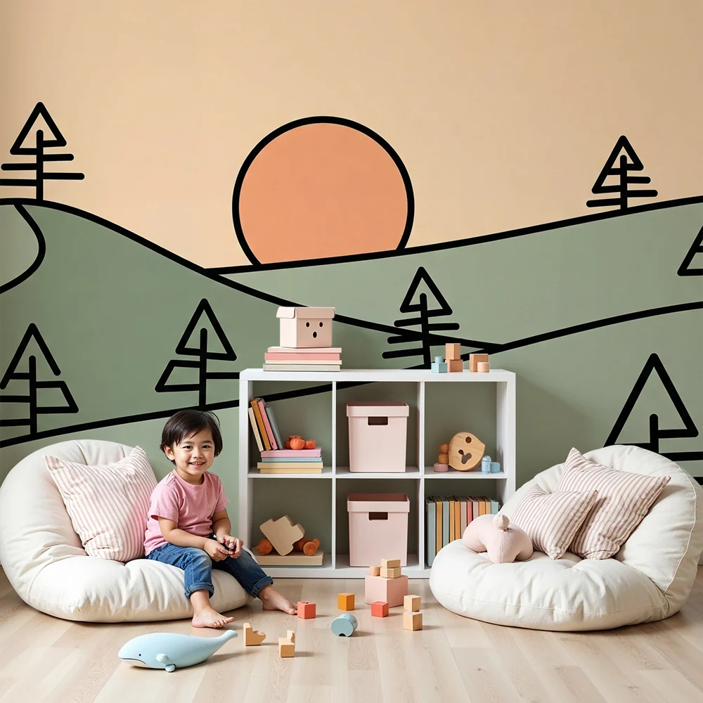 Tapeta dětského pokoje | Minimalistická krajina s kopců zapadajícím sluncem