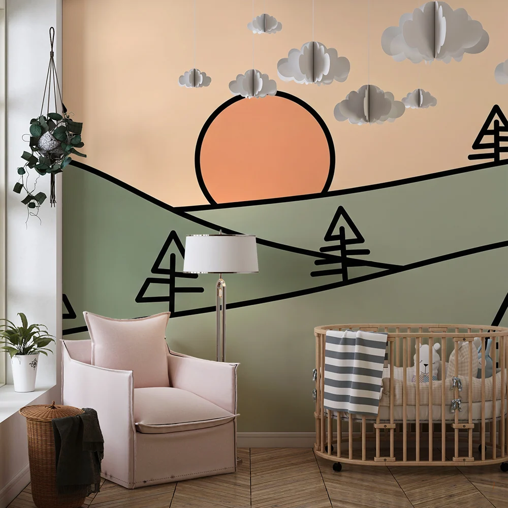 Tapeta dětského pokoje | Minimalistická krajina s kopců zapadajícím sluncem
