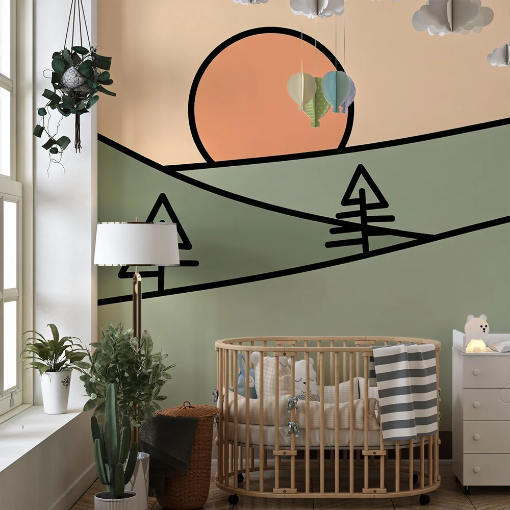 Tapeta dětského pokoje | Minimalistická krajina s kopců zapadajícím sluncem