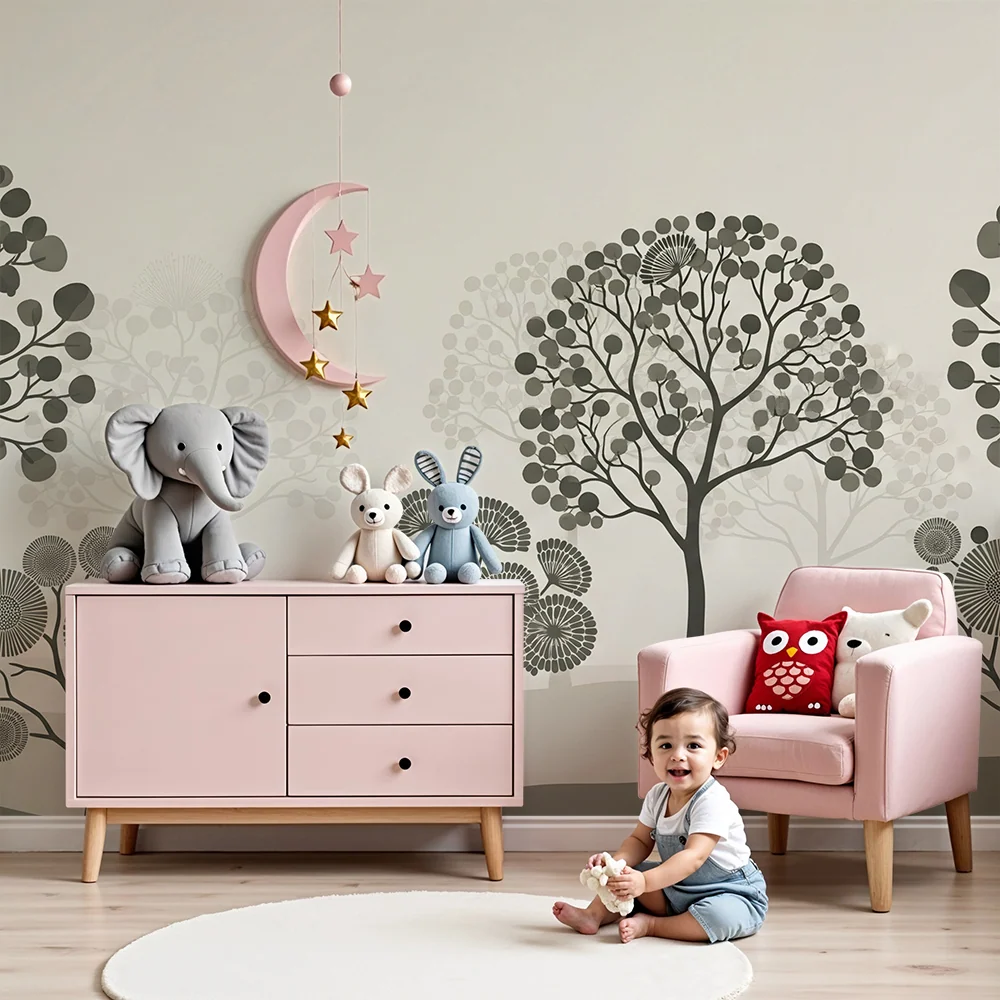 Tapeta dětského pokoje | Minimalistický les s stylizovanými stromy v odstínech šedé
