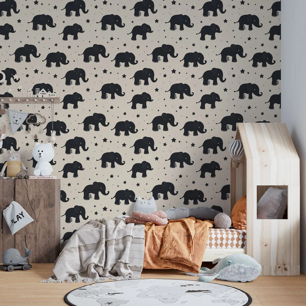 Tapeta do dětského pokoje s motivy | Elegantní černí sloni na krémovém pozadí