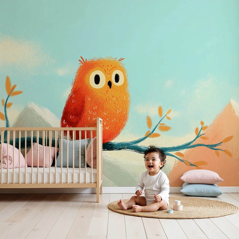 Tapeta dětského pokoje | Oranžová sova na větvi s pastelovými horami