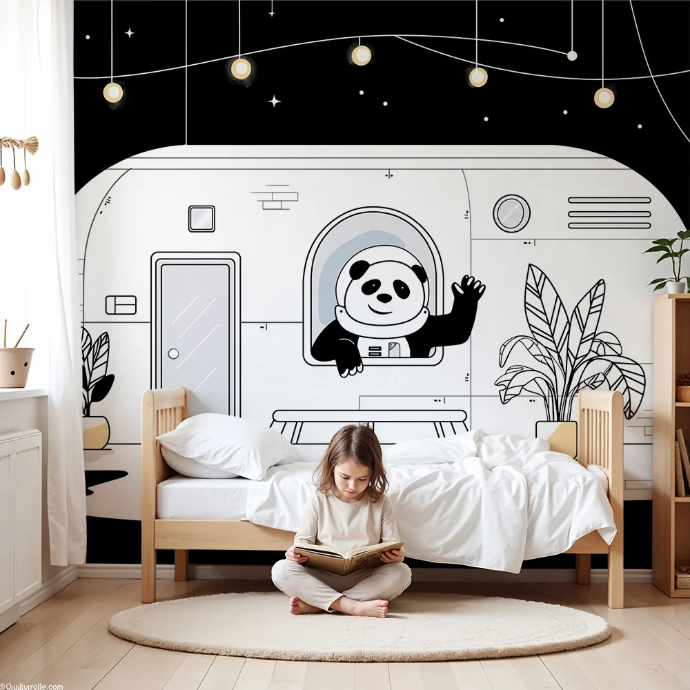 Tapeta dětského pokoje | Panda astronaut v kosmické lodi pod hvězdnou oblohou