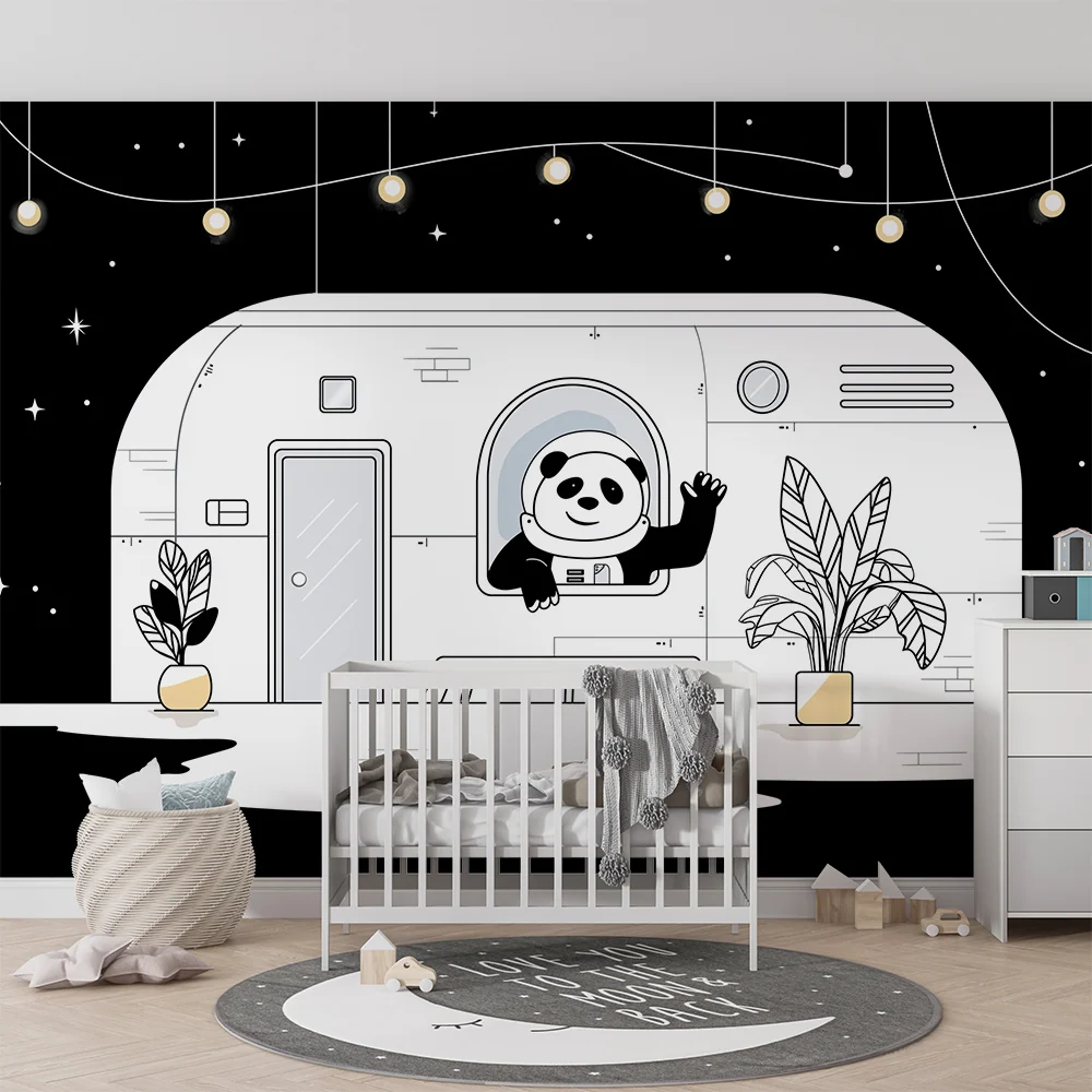 Tapeta dětského pokoje | Panda astronaut v kosmické lodi pod hvězdnou oblohou