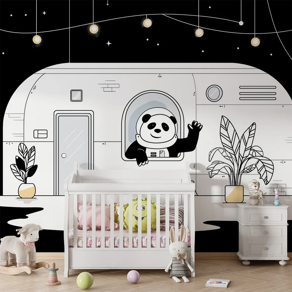 Tapeta dětského pokoje | Panda astronaut v kosmické lodi pod hvězdnou oblohou