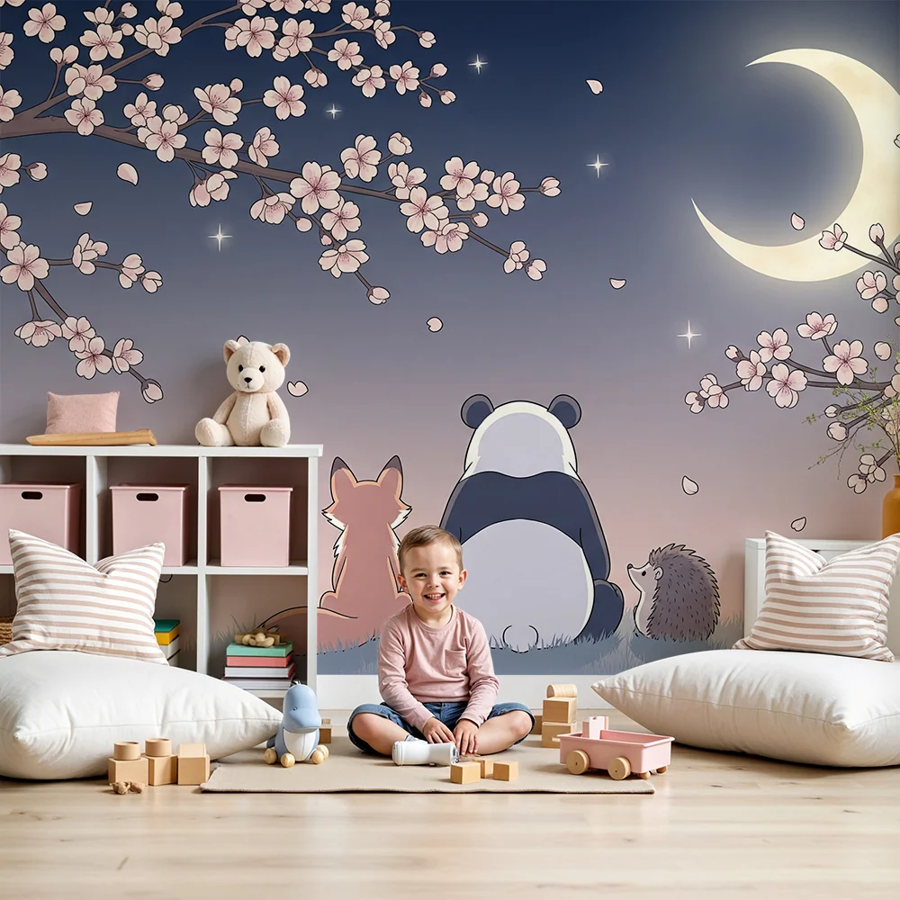 Tapeta dětského pokoje | Panda, liška ježek pod kvetoucími třešněmi