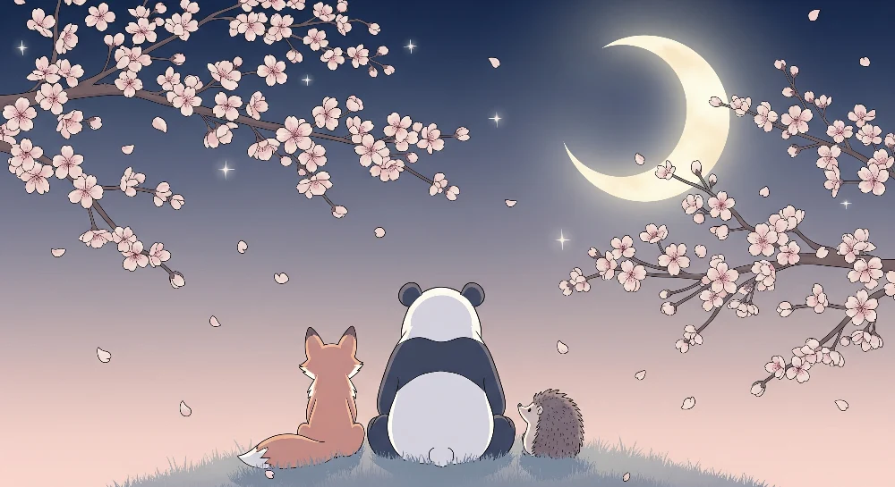 Tapeta dětského pokoje | Panda, liška ježek pod kvetoucími třešněmi
