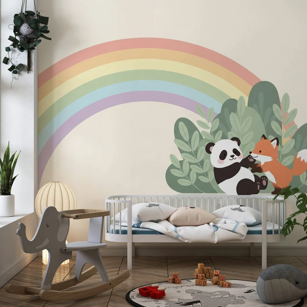 Tapeta dětského pokoje | Panda liška pod duhou