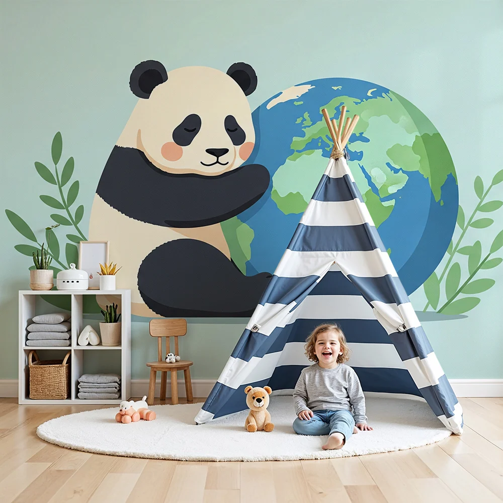 Tapeta dětského pokoje | Panda objetí Země s jemnými listy