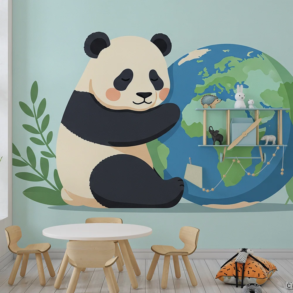 Tapeta dětského pokoje | Panda objetí Země s jemnými listy