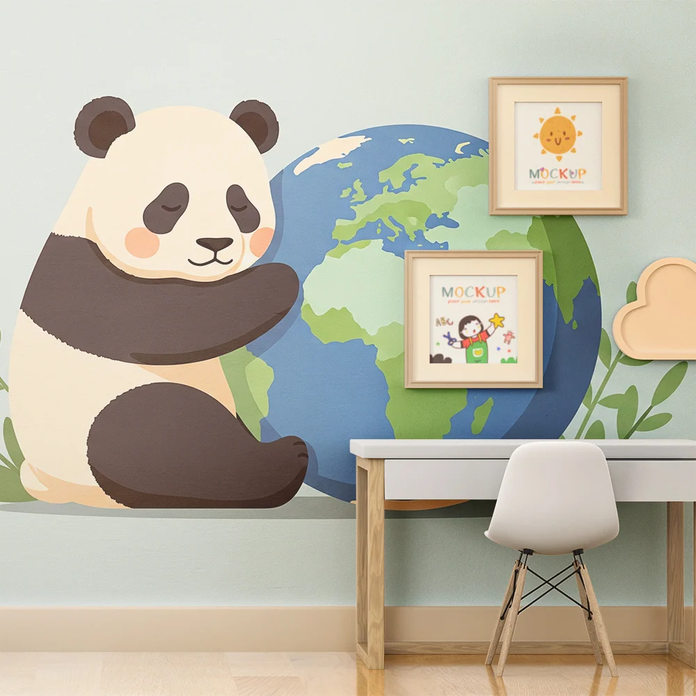 Tapeta dětského pokoje | Panda objetí Země s jemnými listy
