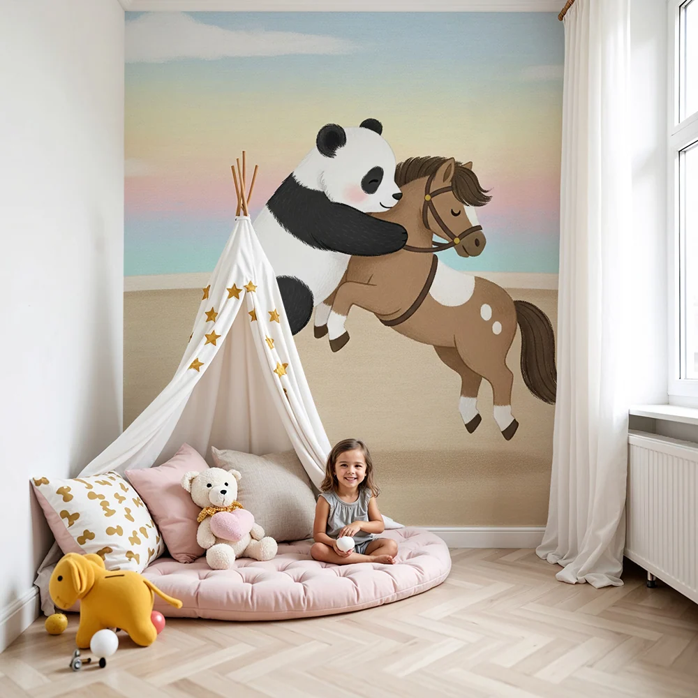 Tapeta dětského pokoje | Hráč panda veselý kůň