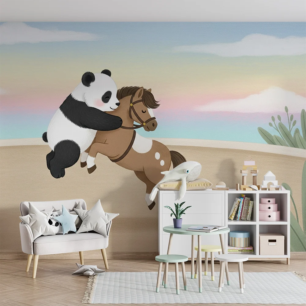Tapeta dětského pokoje | Hráč panda veselý kůň