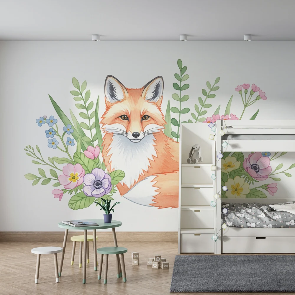 Tapeta dětského pokoje | Přitažlivý lišák barevné květiny