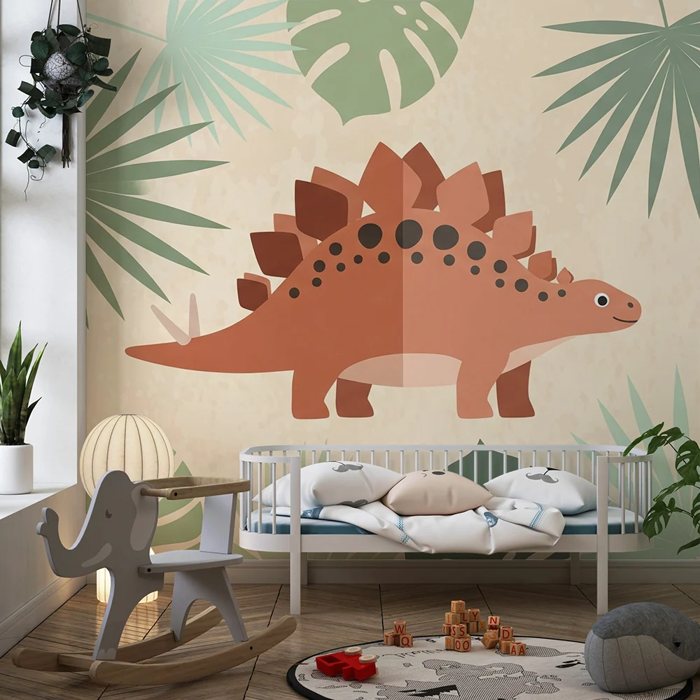 Tapeta dětského pokoje | Přátelský dinosaurus tropické listí