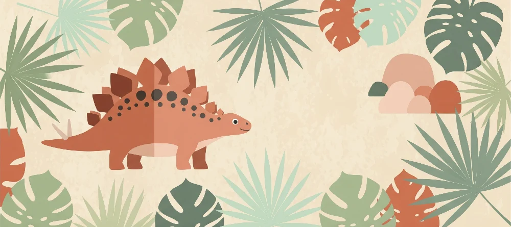 Tapeta dětského pokoje | Přátelský dinosaurus tropické listí
