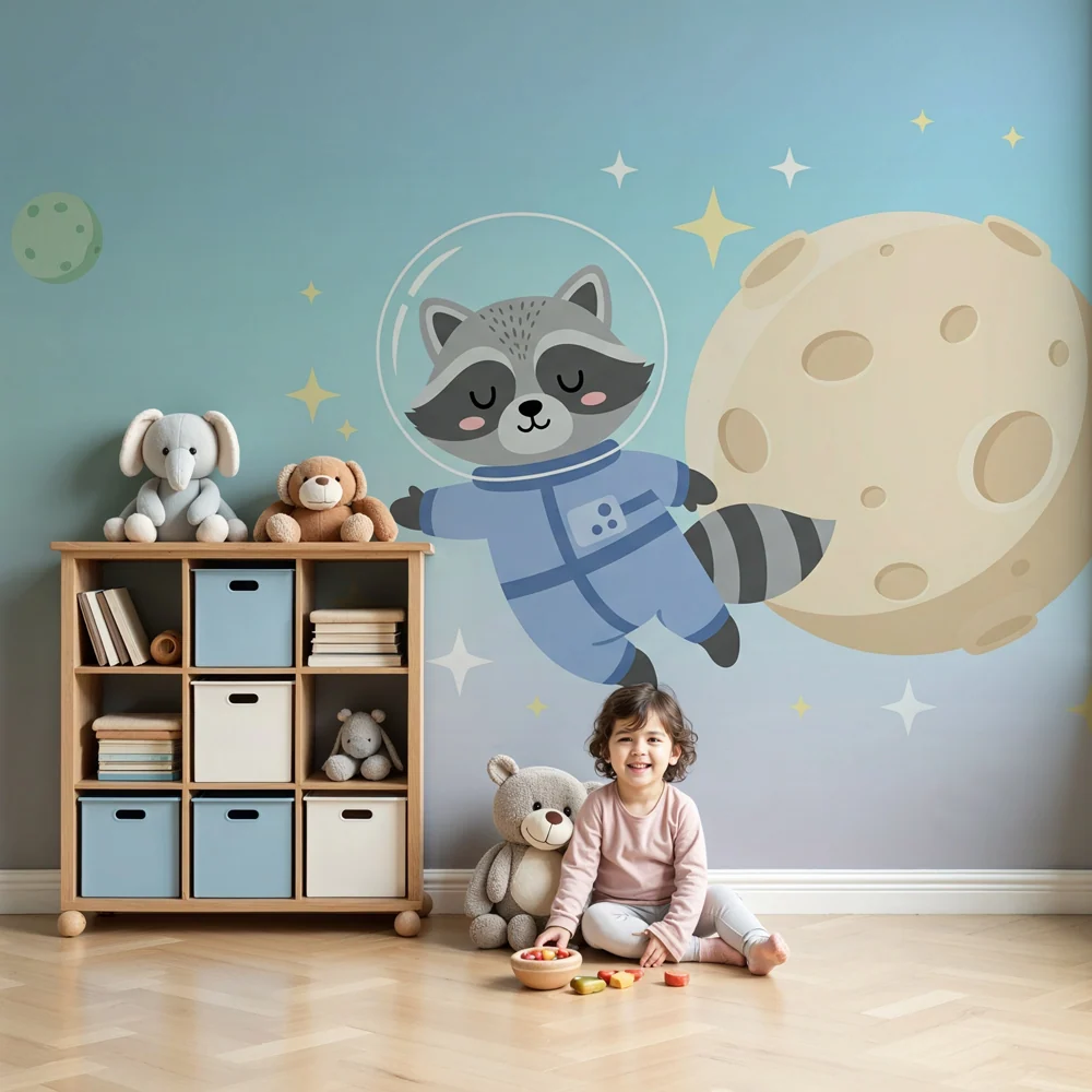 Tapeta dětského pokoje | Rakun astronaut v prostoru pozadí se přechází
