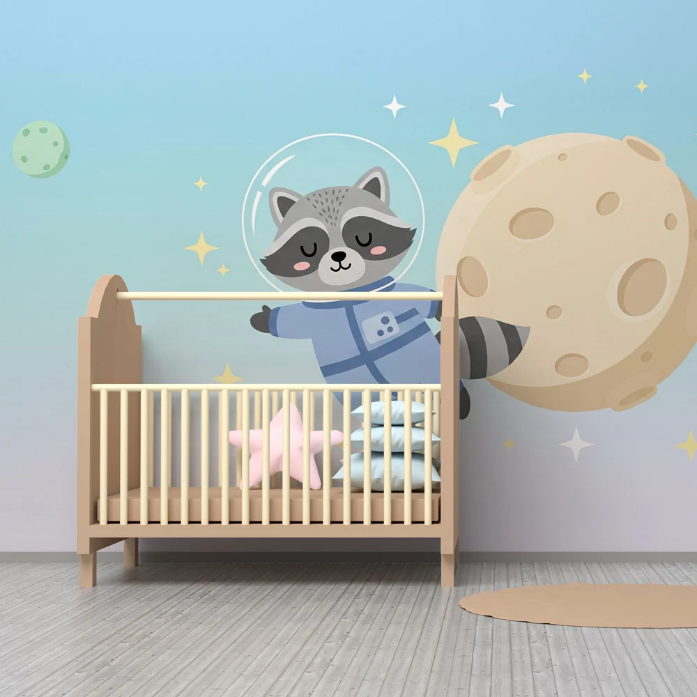 Tapeta dětského pokoje | Rakun astronaut v prostoru pozadí se přechází