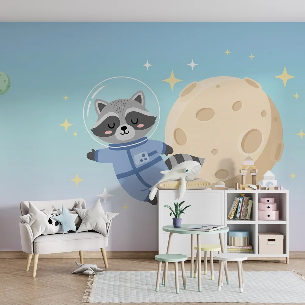 Tapeta dětského pokoje | Rakun astronaut v prostoru pozadí se přechází