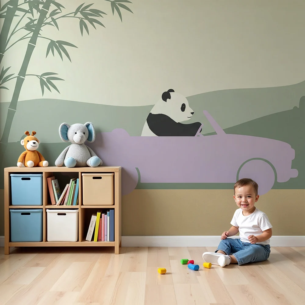 Tapeta dětského pokoje | Růžový dobrodružný pandík v autě