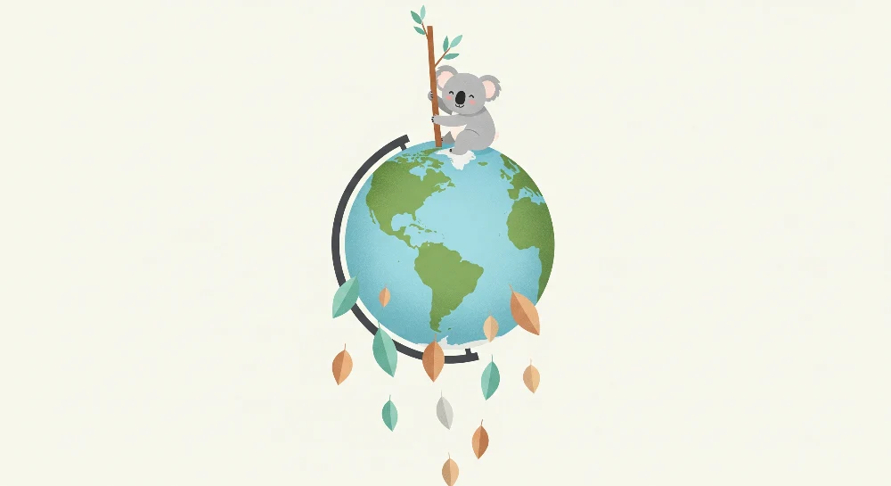 Tapeta dětského pokoje | Rozkošný koala na zeměkouli s barevnými listy