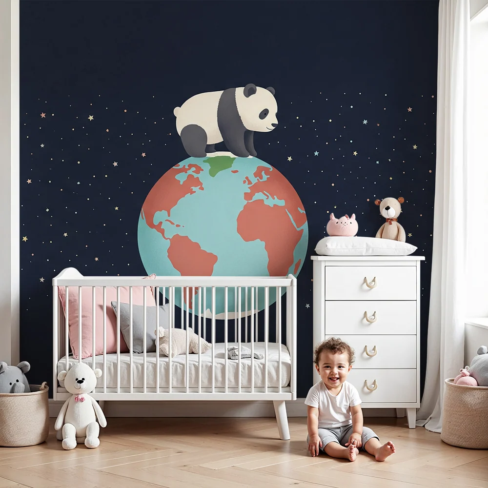 Tapeta dětského pokoje | Rozkošný panda na Zemi se třpytivými hvězdami