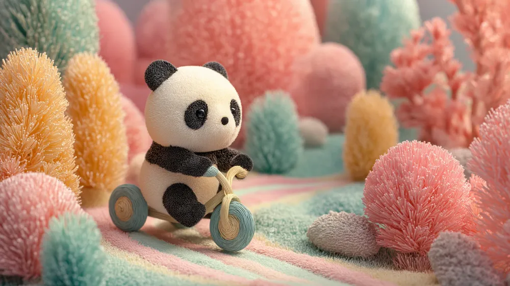 Tapeta dětského pokoje | Roztomilý panda na kole v pestřé krajině