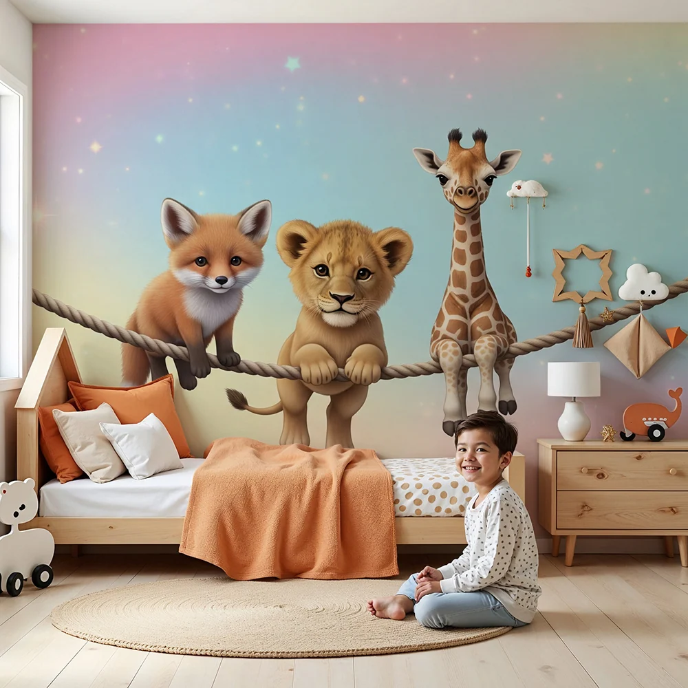 Tapeta dětského pokoje | Roztomilá zvířata na provaze