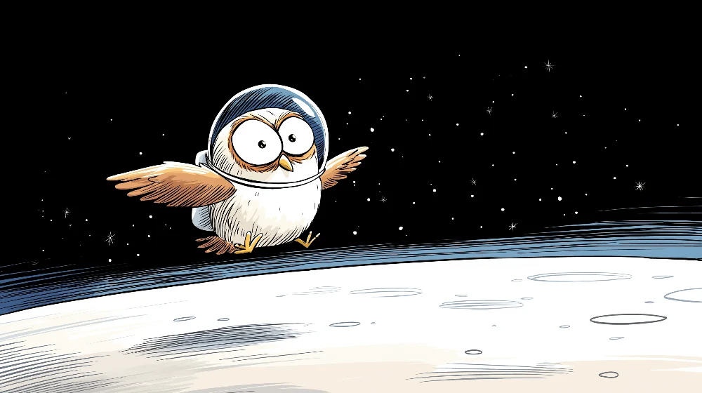 Tapeta dětského pokoje | Soví astronaut na měsíci s jiskřícími hvězdami