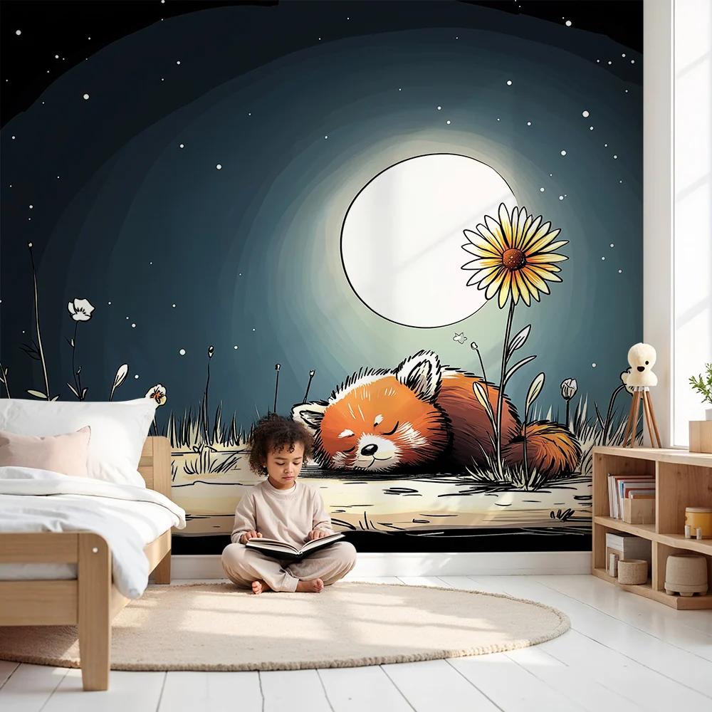 Tapeta dětského pokoje | Spící rudý panda pod měsícem s květinami